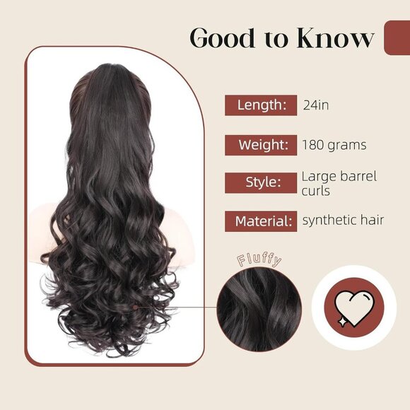 Ponytail Extension High Temperature Fiber 24 Inch Curly Wavy Dark Brown Long main image 4